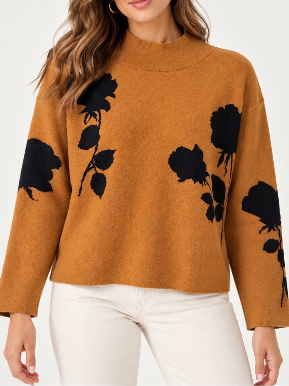 Anthropologie Maeve Carys Brown Black Floral Mock Neck Sweater